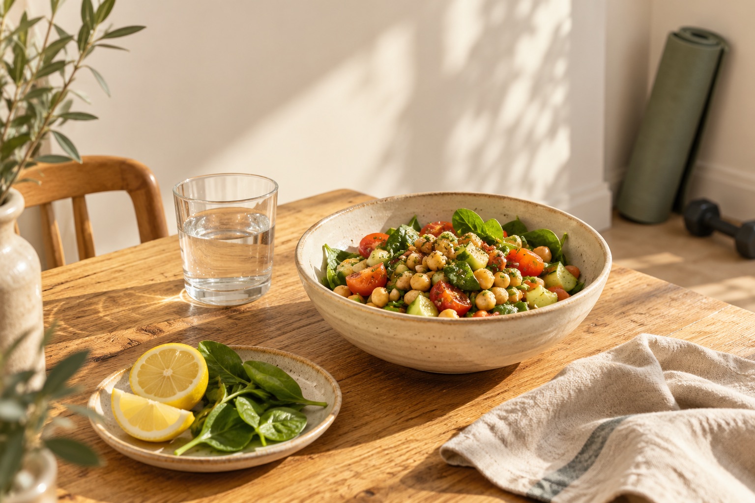 Una comida sencilla de garbanzos y verduras en una mesa de cocina iluminada por el sol